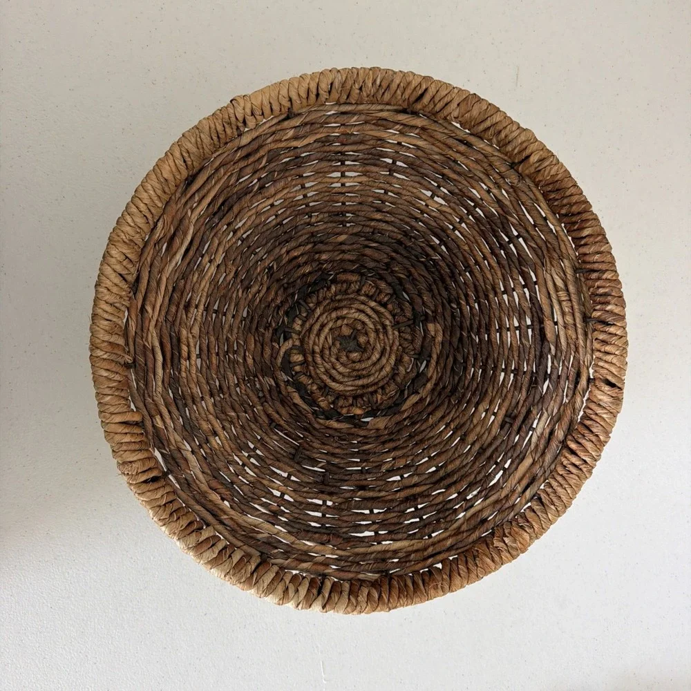 Vintage Round Woven Rattan Wicker Serving Tray Decor Dish Basket Metal Frame